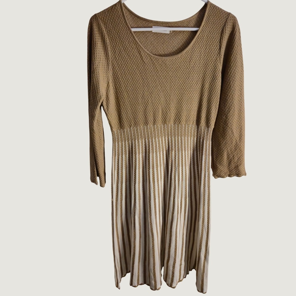 Calvin Klein Knit Dress Striped Sweater Womens M Tan Scalloped Fit Flare Mod